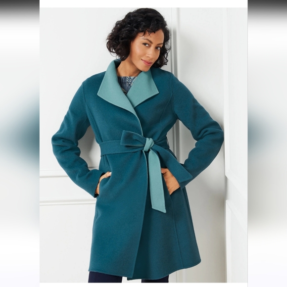 Talbots Double Face Jacket Blue Teal 16P Petite Winter Trench Coat Fall Wool - Picture 1 of 11